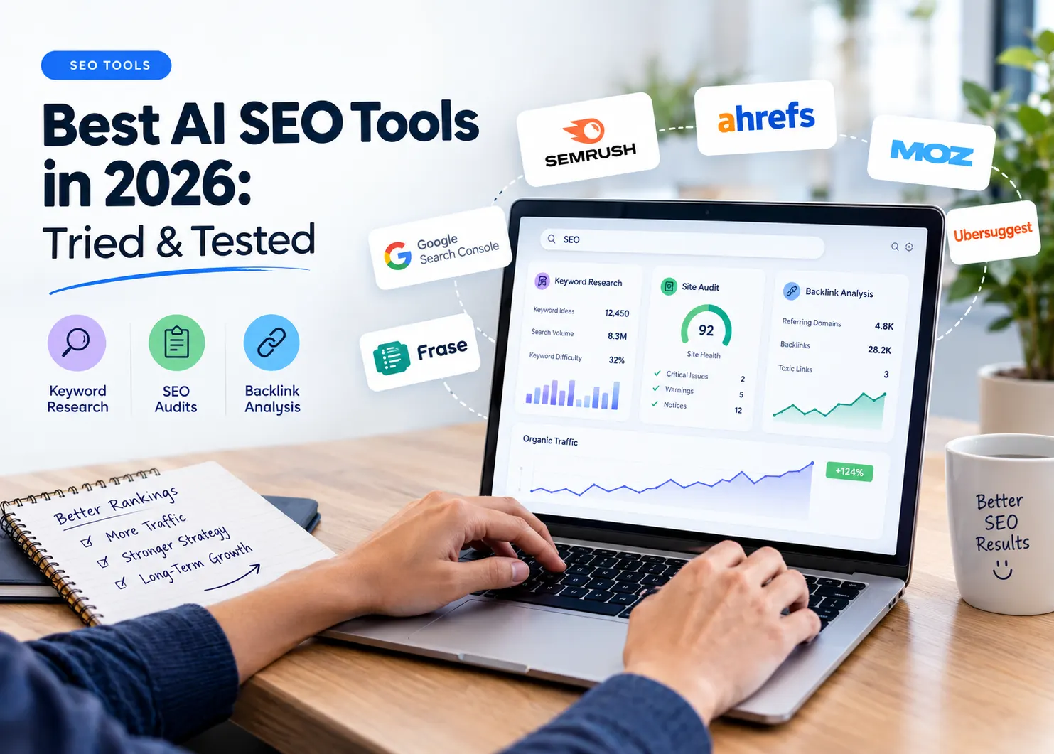 Banner featuring AI SEO tools on a laptop dashboard, highlighting keyword research, technical SEO audits, backlink analysis, and organic traffic growth. The image promotes the best AI SEO tools in 2026 for improving search rankings, website performance, and digital marketing strategies.